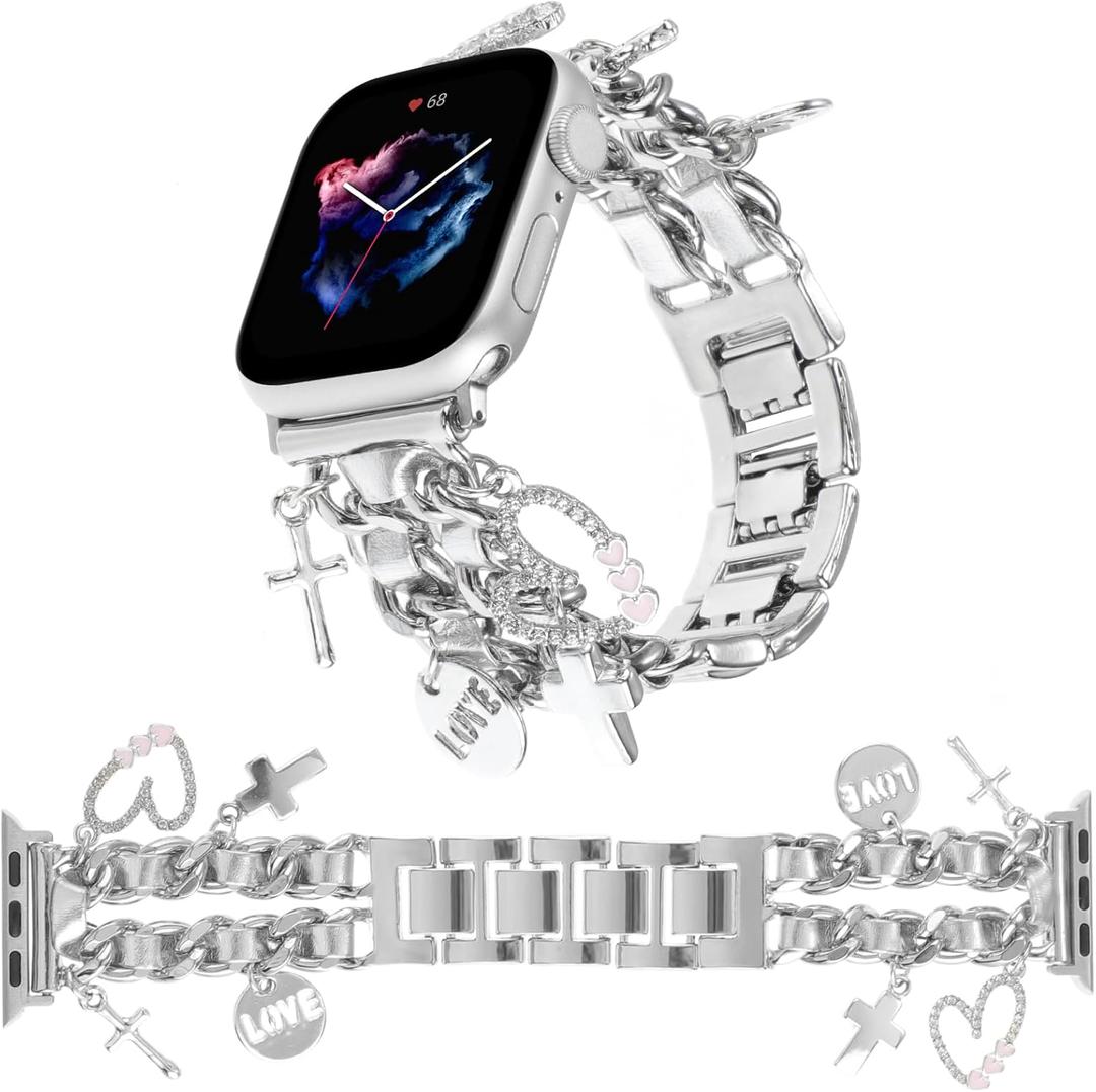 Stylish Wristband Compatible with Apple Watch Bands 38mm 40mm 41mm 42mm 44mm 45mm 49mm 46mm,Replacement Strap with Unique Pendants for iWatch Series 11 10 9 8 7 6 5 4 3 2 SE Ultra Metal Chain Charms Women (Silver+Silver Leather)