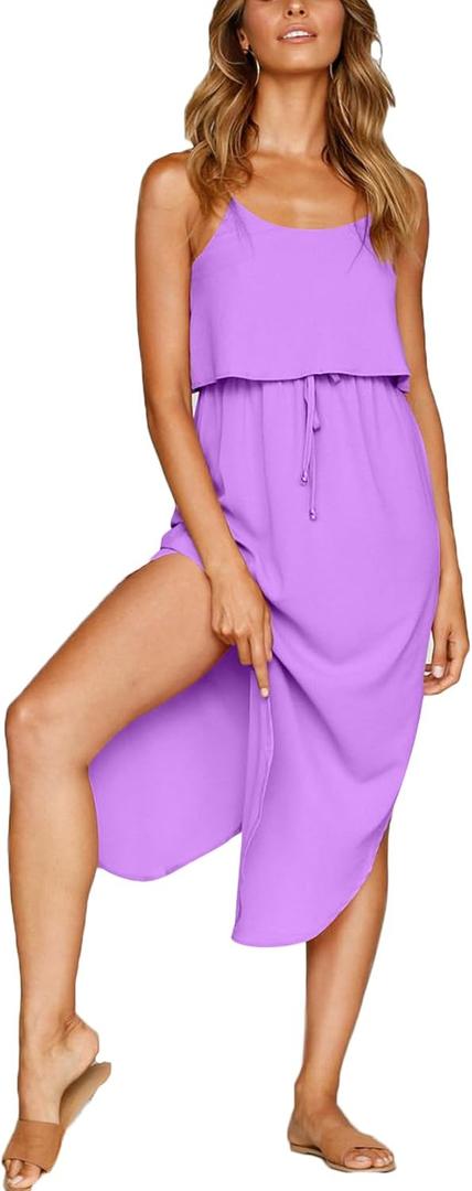 Women's Adjustable Strappy Split Summer Beach Casual Midi Dress (Purple, XL)