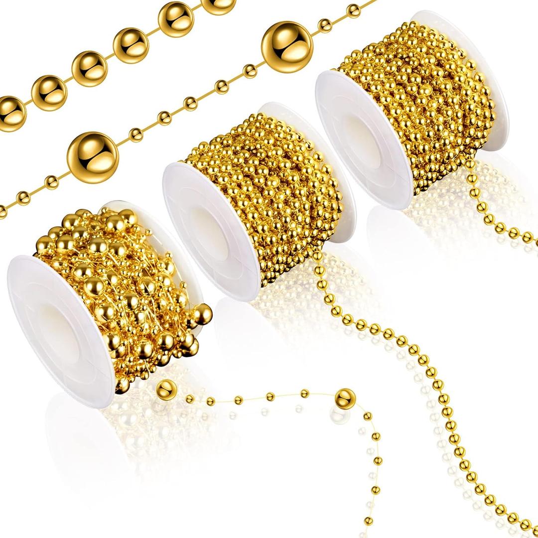 Bonuci 3 Rolls 66 Feet Pearls String Garland Faux Pearl Garland Spool Roll Strand Decoration Artificial Beads Chain Trim for Wedding Party Crafting Wedding Mother's Day Flower Decor(Gold,4mm)