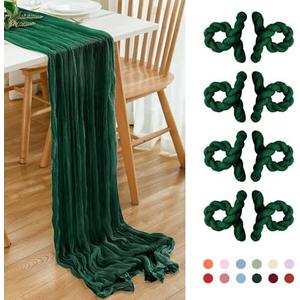 8 Pack 10Ft Dark Green Cheesecloth Table Runner 35x120 inch Boho Gauze Cheese Cloths Table Runners Long Wrinkled Sheer Romantic Table Runner for Wedding Bridal Shower Birthday Party Table Decor
