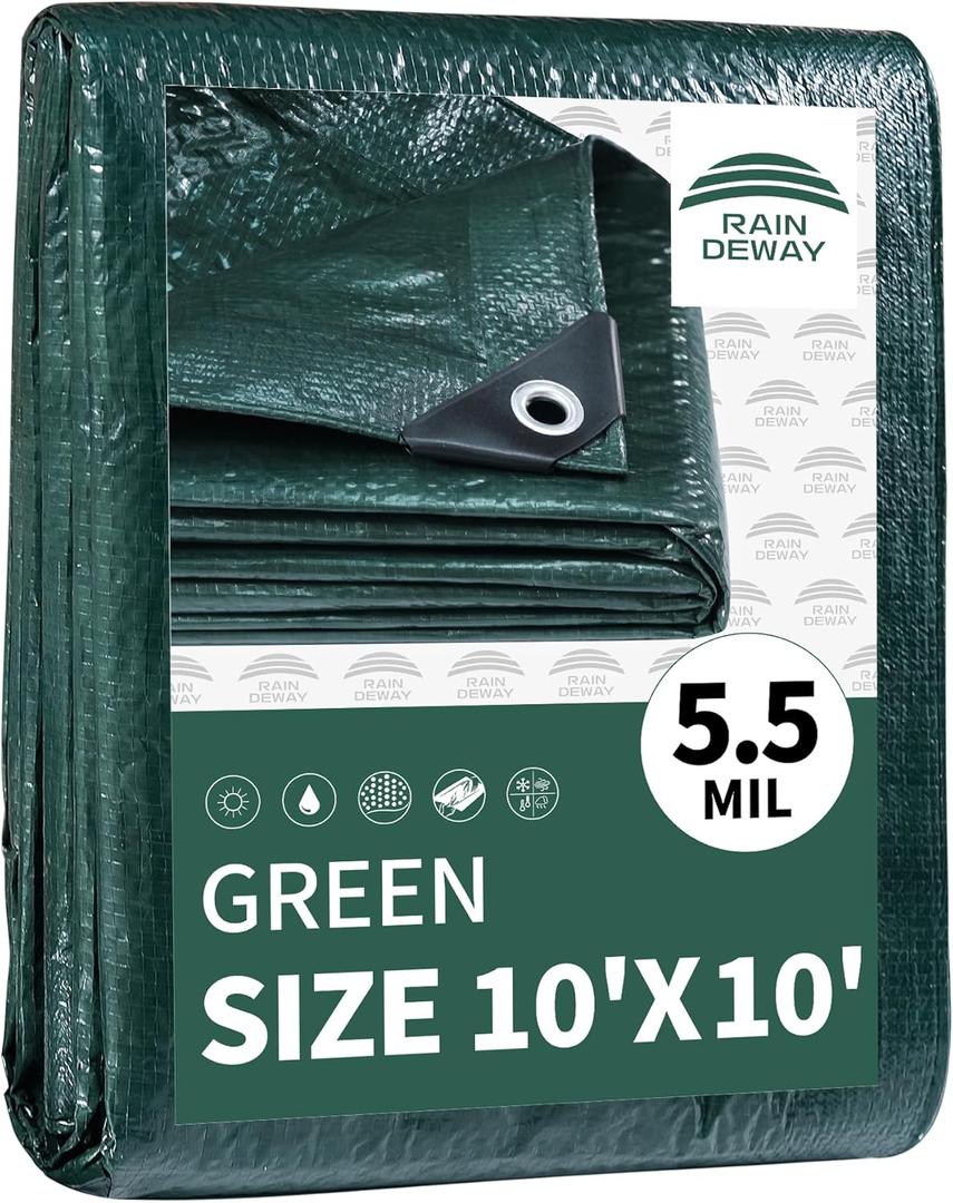 RAINDEWAY Tarps 10x10 Feet,Tarp Waterproof,5.5 Mil Thick, Multipurpose Waterproof Poly Tarp Cover with Metal Grommets and Reinforced Edges,Green Tarps (10'10'-Finished Size)