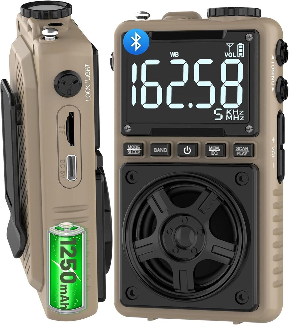 Bluetooth AM FM Shortwave Radio with NOAA Weather Alert,1250mAh Rechargeable Portable Pocket Radio with Best Reception,5W Big Speaker, Digital Tuner and Earphone,Support SD Card and USB PlayerBrown