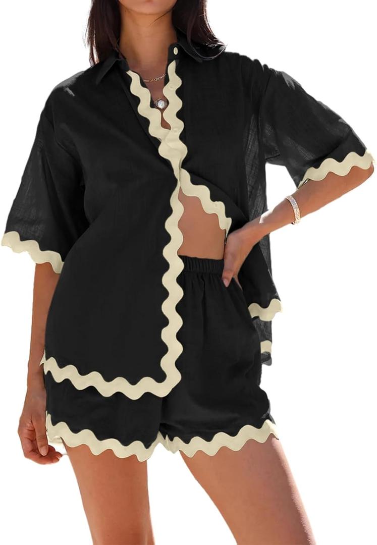 Danedvi Womens 2 Piece Outfits Beach Vacation Summer Short Sleeve Button Down Shirts and Shorts Lounge Sets (M, Black)