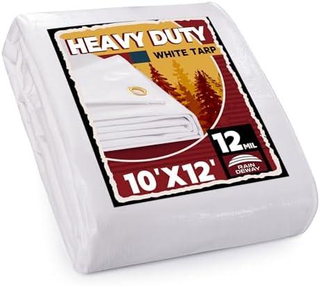RAINDEWAY 12 Mil Heavy Duty White Tarp 10x12 Feet, UV Resistant, Waterproof, Weatherproof Poly Tarp with Metal Grommets and Reinforced Edges