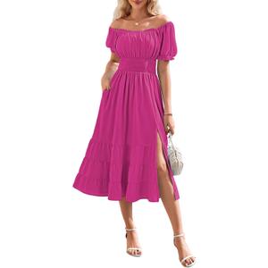 Linsery Women's Summer Square Neck Short Puff Sleeve Casual Smocked Flowy A Line Tiered Split Midi Dress (Pink, L)