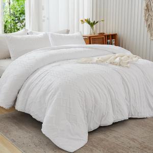 Andency White Full Size Comforter Cover, 1 Piece Boho Textured Fall Farmhouse Bed, Microfiber Geometric Comforter Cover(79x90In)