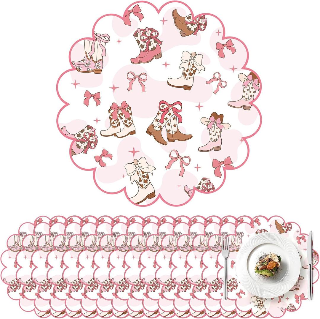 100 Pcs Cowgirl Party Paper Placemats 13.5 Inch Scalloped Pink Bow Paper Placemat Disposable Coquette Decorative Table Mat for Western Themed Birthday Bachelor Baby Shower Wedding Decoration