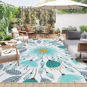 Lahome Floral Indoor Outdoor Rug 8x10, Non Slip Outdoor Patio Rug for Balcony Deck, Portable Large Outdoor Rugs for Camping Picnic Backyard, RV Mat Outdoor Carpet for Living Room Bedroom,Blue
