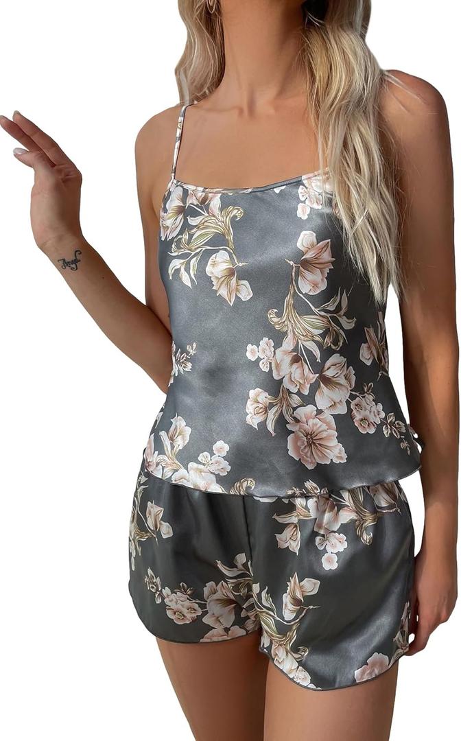 SweatyRocks Women's Floral Print Satin Pajama Sets Cami Tops and Shorts Summer Lounge Set (Gray, M)