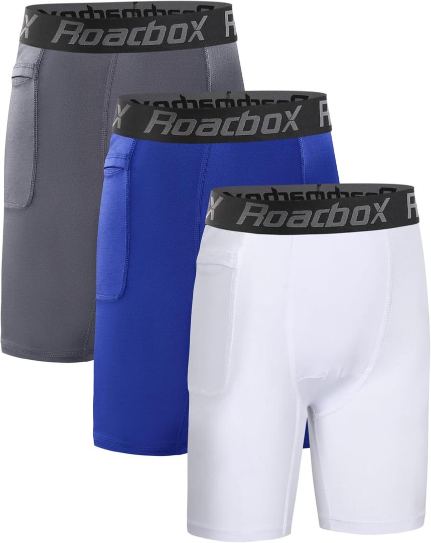 Roadbox Youth Boys Compression Shorts - Spandex Athletic Kids Running Compression Underwear for Basketball Baseball Soccer (Small, White Gray Blue)