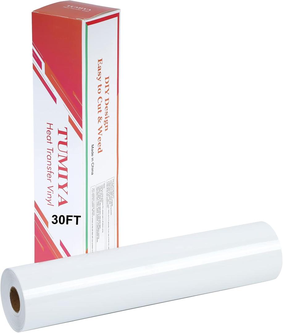 TUMIYA HTV Heat Transfer Vinyl Rolls - 12 x 30 Ft HTV Vinyl, White Iron on Vinyl DIY Design for T-Shirt (White)