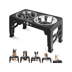 Elevated Dog Bowls, Dog Feeder with 2 Stainless Steel Dishes &1 Slow Feeder Bowl, 5 Heights Adjustable Raised Stand for Medium Large, Food Dishes with Non-Slip Feet