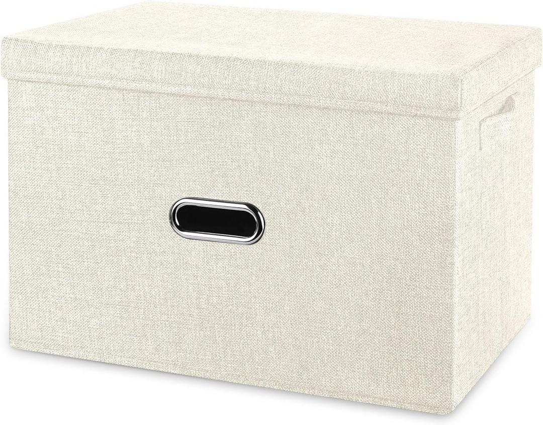 Large Linen Fabric Foldable Storage Bins with Removable Lid and Handles, Washable Storage Box Organizer Containers Baskets Cube with Cover for Bedroom,Office(Cream, Small)