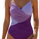 B2prity Women's One Piece Swimsuit Tummy Control Criss Cross Slimming Bathing Suit Full Coverage Swim Suit V Neck Swimwear (X-Large, Purple Color Block)