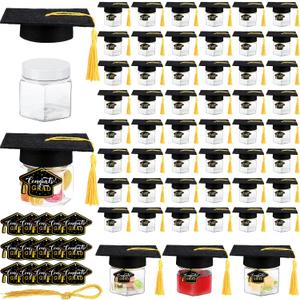 Newtay 50 Set DIY 2026 Graduation Party Favors Mason Jar Graduation Candy Gifts Jar Plastic Candy and Paper Cap for 2026 Party Decoration Kindergarten Supplies(Black)
