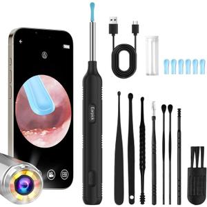 Red Light Illumination Ear Wax Remover Kit [6-in-1] - Smart Otoscope with 1080P Camera & Safety Spoon - Pain-Free Ear Cleaning Tool Compatible with iOS/Android, Ideal for Kids/Adults