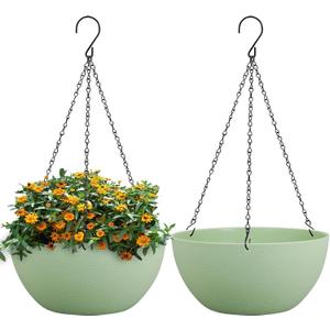 13 inch Large Hanging Planters Plant Pots for Outdoor Indoor Plants with Drainage Holes and Chain, 2 Pack Round Hanging Flower Pots for Garden Home Porch Decor, Green