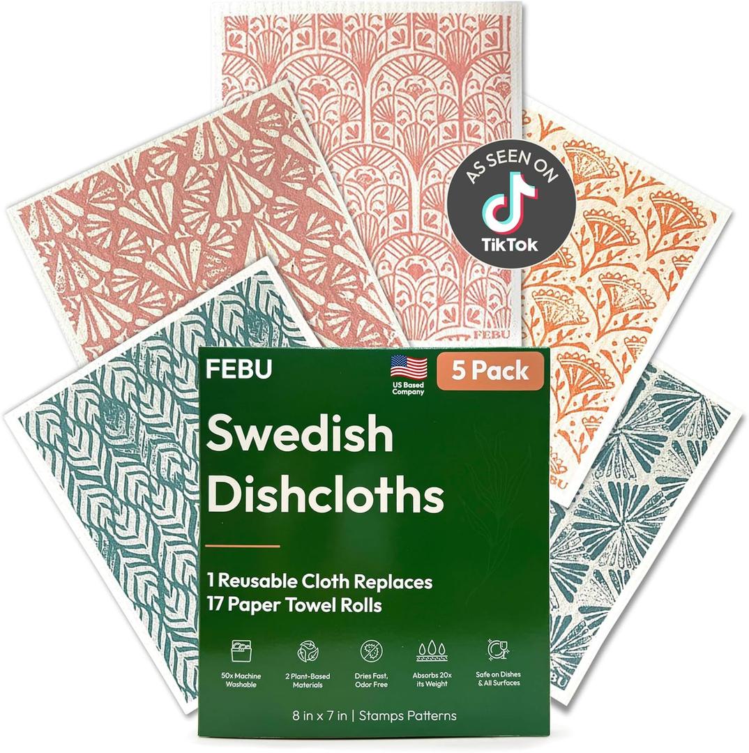 FEBU Swedish Dishcloths for Kitchen | 5 Pack Stamps Reusable Paper Towels Washable | Swedish Dish Towels | Non-Scratch Cellulose Sponge Cloths | No Odor, Biodegradable Cleaning Cloths
