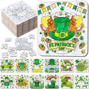 Realspring 24 Pack St Patricks Day Crafts for Kid Irish Coloring Jigsaw Puzzles St. Patrick's Day Activities Classroom Gifts Color Your Own Shamrock Irish Elf Hat Craft Puzzle for Party Favors