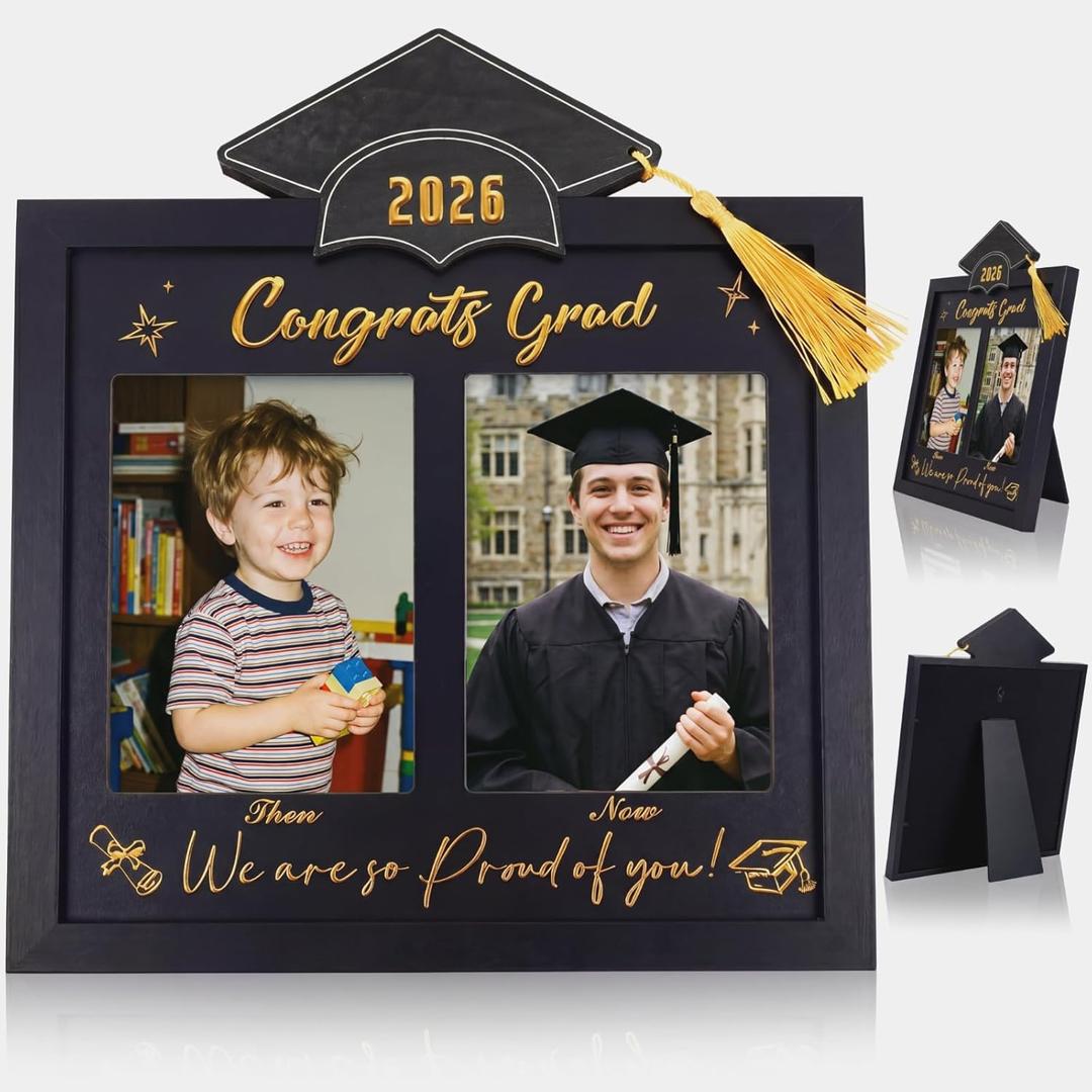 Wenqik Then and Now Graduation Picture Frame Double 5x7 Photo Frame Class of 2026 Graduation Gifts for Son Daughter High School College Graduates Wooden Photoframe Graduate Keepsake(Gold,Grad Cap)