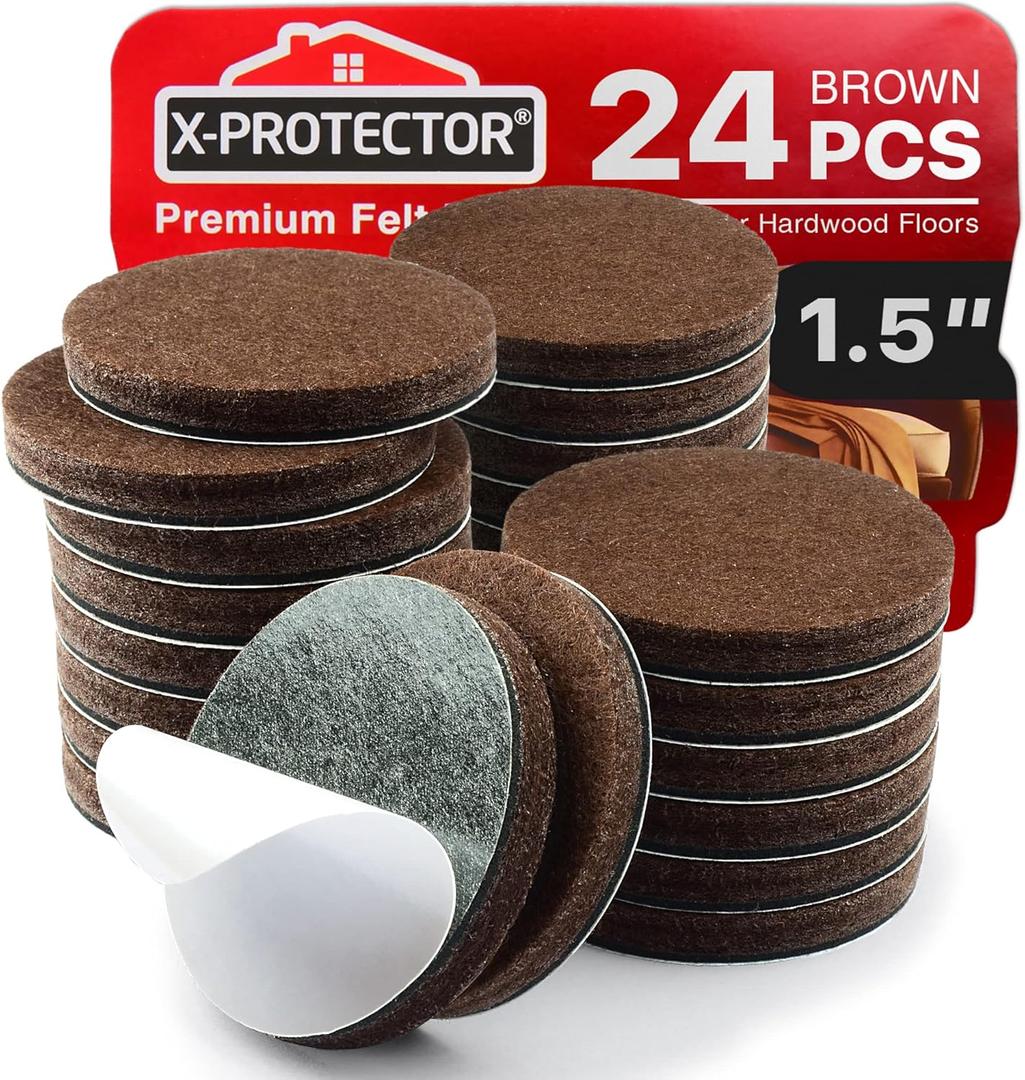 24 Heavy-Duty Felt Furniture Pads 1.5 1/4 Thick X-Protector! Round Felt Pads for Furniture Feet - The Best Felt Floor Protectors for Furniture to Prevent Scratches. Protect Your Hard Floor! (Brown)