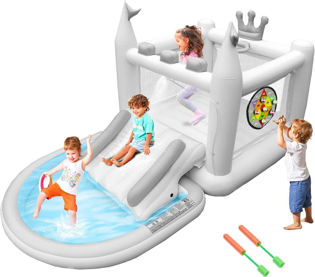 Inflatable Water Slide for Kids, PVC Bouncy Castle Outdoor with Slide, Bounce House, Basketball Hoop, Pool, Rings, Target Game, Jumping, Pump Included, 133"L x 70"W x 65"H