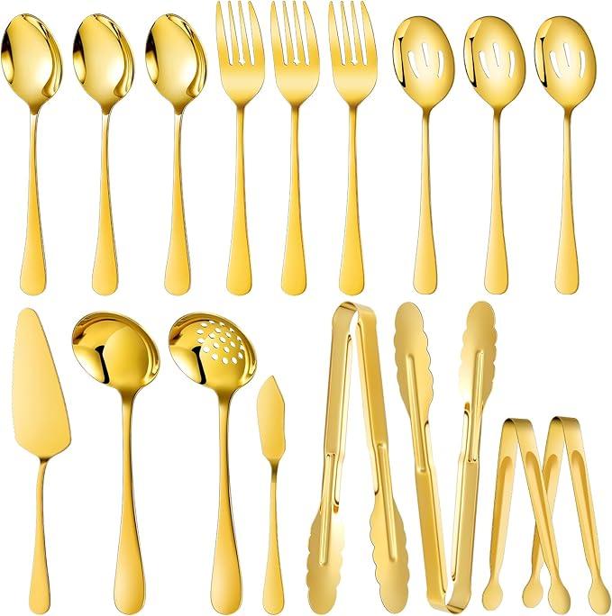 Mwellewm 17Pcs Serving Utensils, Gold Stainless Steel Large Serving Spoons, Slotted Spoon, Fork, Tongs, Cake Pie Server, Soup Spoon, Metal Buffet Banquet Cutlery Set for Parties Entertaining Catering