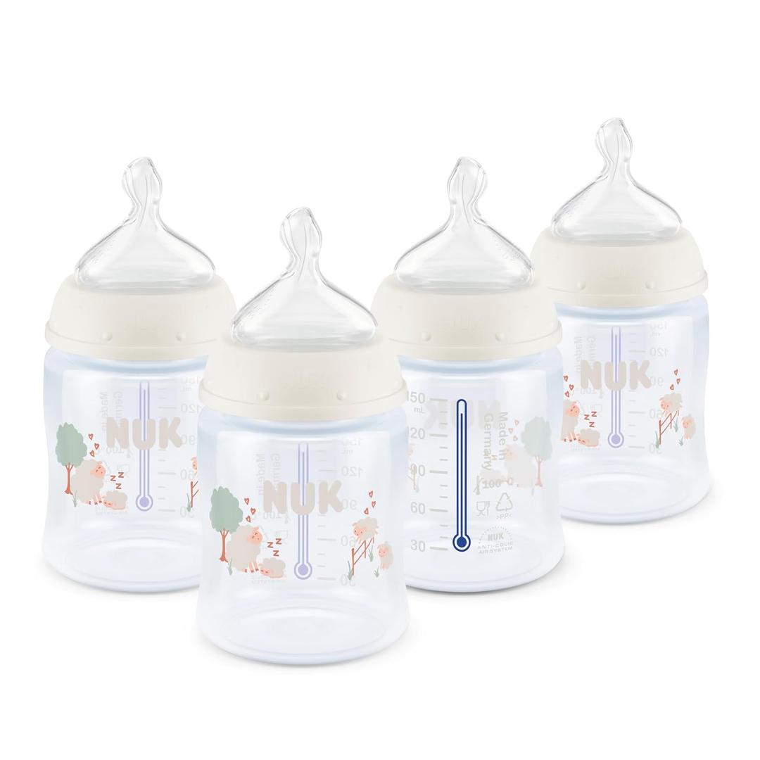 NUK First Choice Smooth Flow Anti-Colic Bottle, Peach, 5 oz. Baby Bottle with SafeTemp Temperature Indicator, Newborn Essentials, 4-Pack