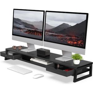 Fenge Dual Monitor Stand, Monitor Riser with Drawer, 42.5 Inch Large Computer Monitor Stand for 2 Monitors, 2 Tier Wooden Desk Shelf for Top of Desk (Black)