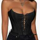 Corset Tops for Women Lace Up Overbust Corset Bustier Halloween Costume Strapless Sexy Going Out Crop Top Tank, Black, S
