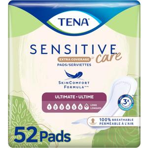 Tena Sensitive Care Incontinence Pads, Postpartum & Bladder Control Pads for Women, Ultimate Absorbency, Extra Coverage, Long, 52 Count