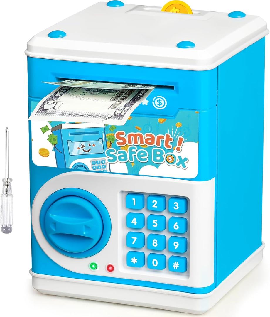 ATM Piggy Bank for Boys Girls, Vcertcpl Mini ATM Coin Bank Money Saving Box with Password Code, Kids Safe Money Jar for Real Money with Auto Grab Bill Slot, Great Gift Toy Bank for Kids (Blue)