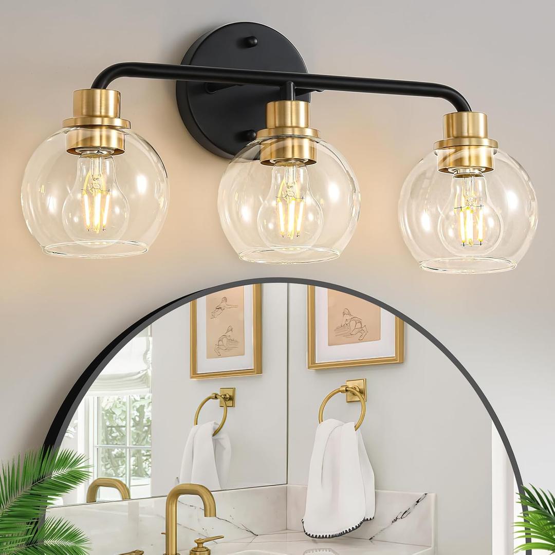 3 Light Bathroom Vanity Light, Black and Gold Bathroom Light Fixtures with Clear Glass Shade Modern Wall Sconces Lighting Bath Wall Lights Lamp for Mirror Kitchen Living Room Bedroom Hallway Cabinet