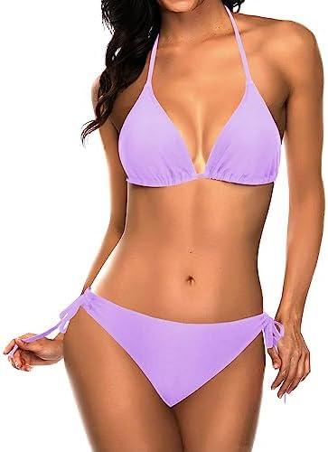 Tempt Me Women Triangle Bikini Sets Halter Two Piece Sexy Swimsuit String Tie Side Bathing Suit, Small, Lavender