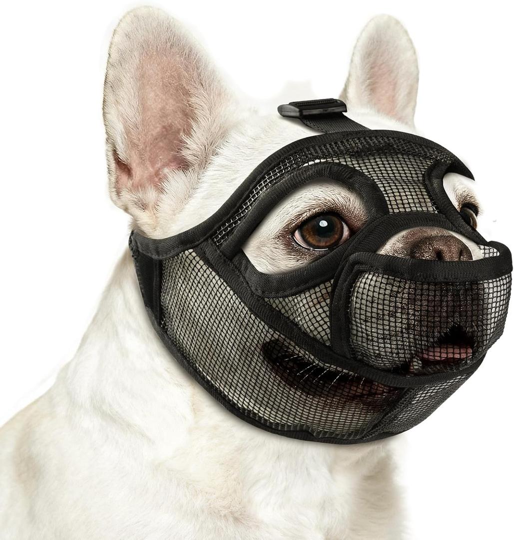French Bulldog Muzzle, Soft Mesh Short Snout Muzzle with Mouth Opening & Enlarged Eye Holes, Allows Panting, Drinking & Feeding, Prevents Biting for Shih Tzu Pug English Bulldog(S,Black)
