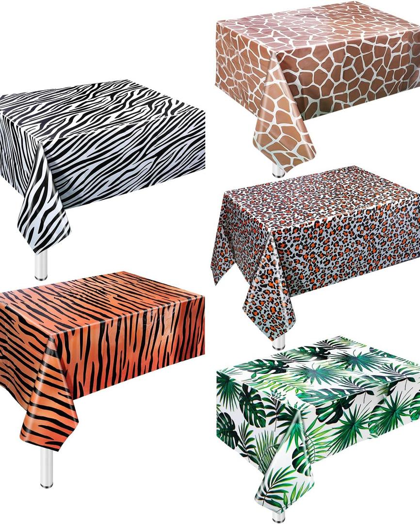 5 Pack Animal Safari Tablecloth,Zoo Print Table Cover,Jungle Animal Theme Leopard Tiger Zebra Giraffe Palm Leaf Print Tablecloth Party Supplies for Zoo Jungle Safari Theme Birthday Party Baby Showers
