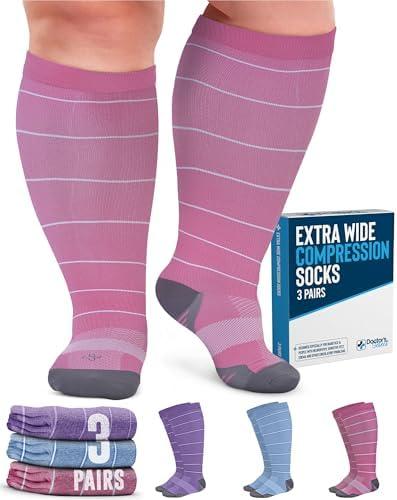 (XL)Doctor's Select 3 Pairs Plus Size Compression Socks Wide Calf  | 20-30 mmHg Compression Socks for Women Wide Calf | Blue, Pink, Purple (Stripes)