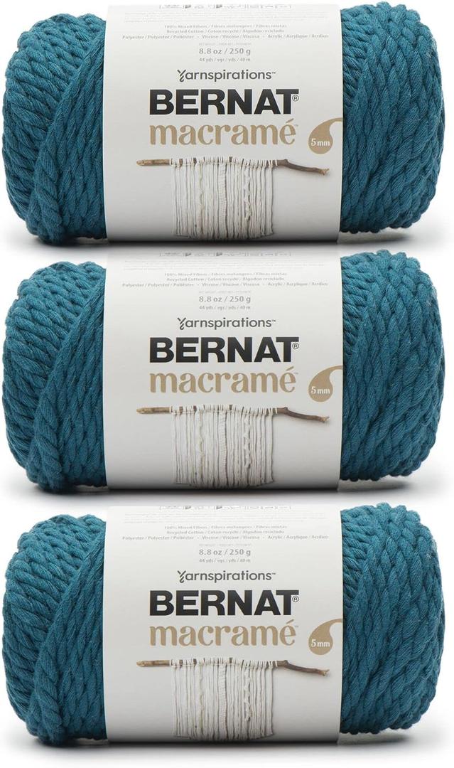 Bernat Macrame Teal Yarn - 3 Pack of 250g/8.8oz - Cotton - #6 Super Bulky - Knitting, Crocheting & Crafts