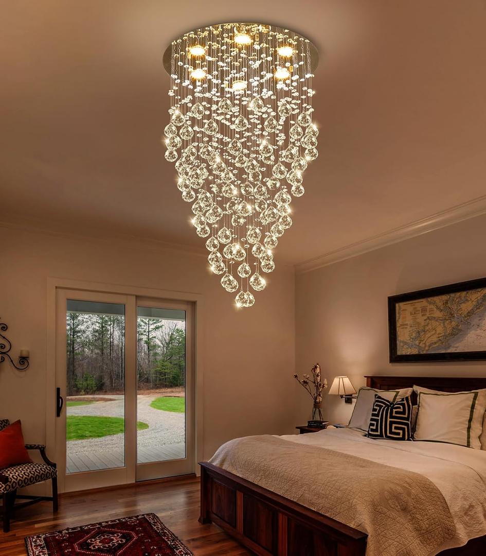 36'' Modern Crystal Chandelier for Entryway Raindrop Chandeliers LED Dimmable High Ceiling Flush Mount Light Fixtures for Staircaes Hallway Foyer Living Room LED Bulbs Included Gold, D20'' x H36''