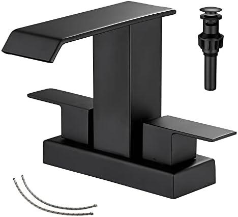 GGStudy Bathroom Faucet Matte Black Modern 2 Handles 4 Inches Centerset RV Black Waterfall Bathroom Vanity Faucet with Drain Assembly