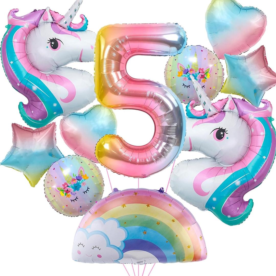 Unicorn Birthday Decorations for Girls, 10pcs Unicorn Balloons Set with Rainbow, Heart and Number 5 Foil Balloons for 5th Birthday Party Decorations