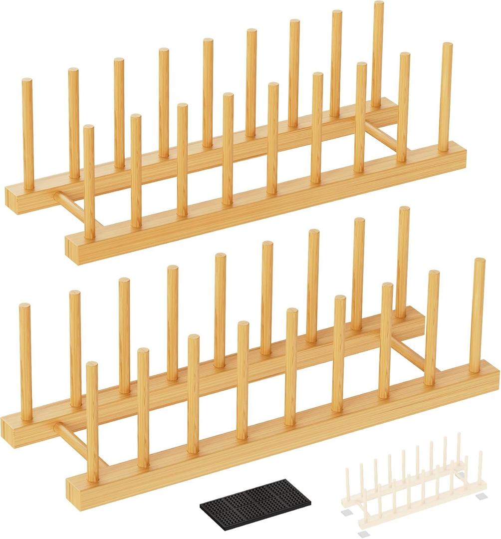 Bamboo Dish Drying Rack, 2 Pack Wooden Storage Holder Organizer for Plate/Bowl/Cup/Book/Pot/Lid/Cutting Board Drying Rack Stand Holder