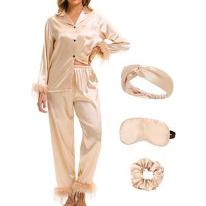 EPLAZA 2 Pcs Silk Pajamas for Women Satin Pajama Set Feather Trim Long Sleeve Button-Down Pj Set Lounge Sleepwear with Pocket (Large, Champagne)