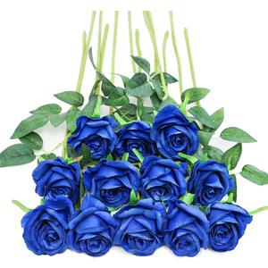 Tifuly Royal Blue Roses Artificial Flowers -12 pcs Realistic Single Long Stem Fake Silk Roses Bouquet for Party Home Wedding Centerpiece Office DIY Decor 