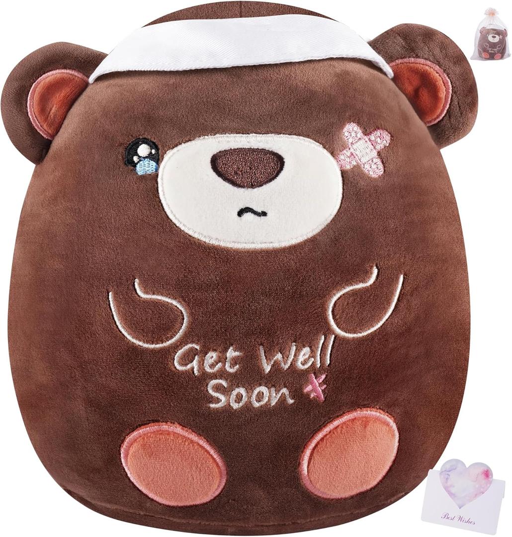 Get Well Soon Plush Bear - Teddy Bear Plush Toy with Injury Bandage, Kids' Pillow Cushion, Get Well Soon Gifts for Patient Kids, Dark Brown, 8 Inch