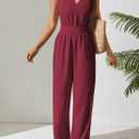 Pink Queen Jumpsuits for Women Dressy Sleeveless V Neck Wide Leg Pants Romper Casual Vacation Outfits (Red, L)