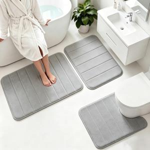Memory Foam Bath Mat Set 3 PieceSuper Soft Absorbent Bathroom Rug Non Slip, Quick Dry,Machine Wash, Perfect Plush Bathroom Rugs,Home Decor Accessories,Grey