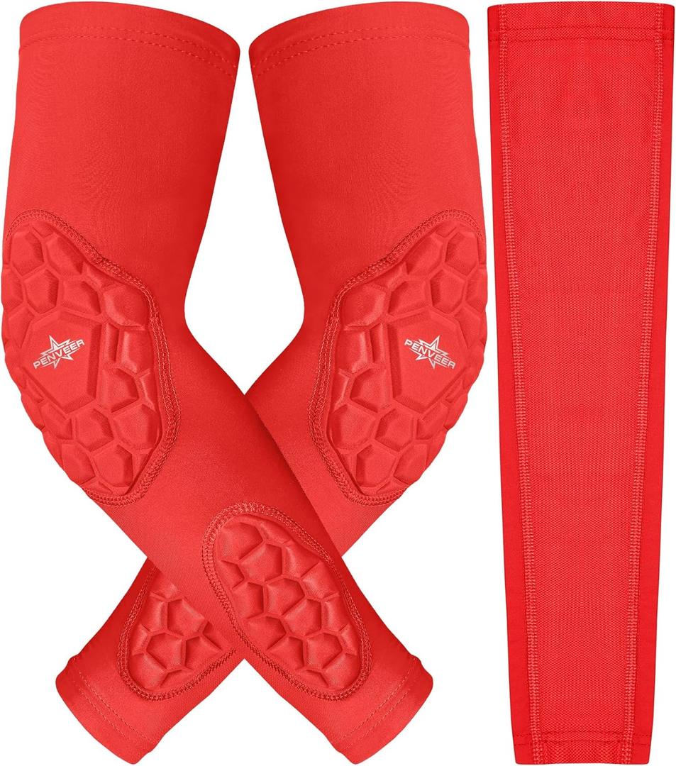 Compression Padded Arm Sleeves for Youth & Adults - Elbow & Forearm Support - Breathable Football Padded Sleeves (Red)