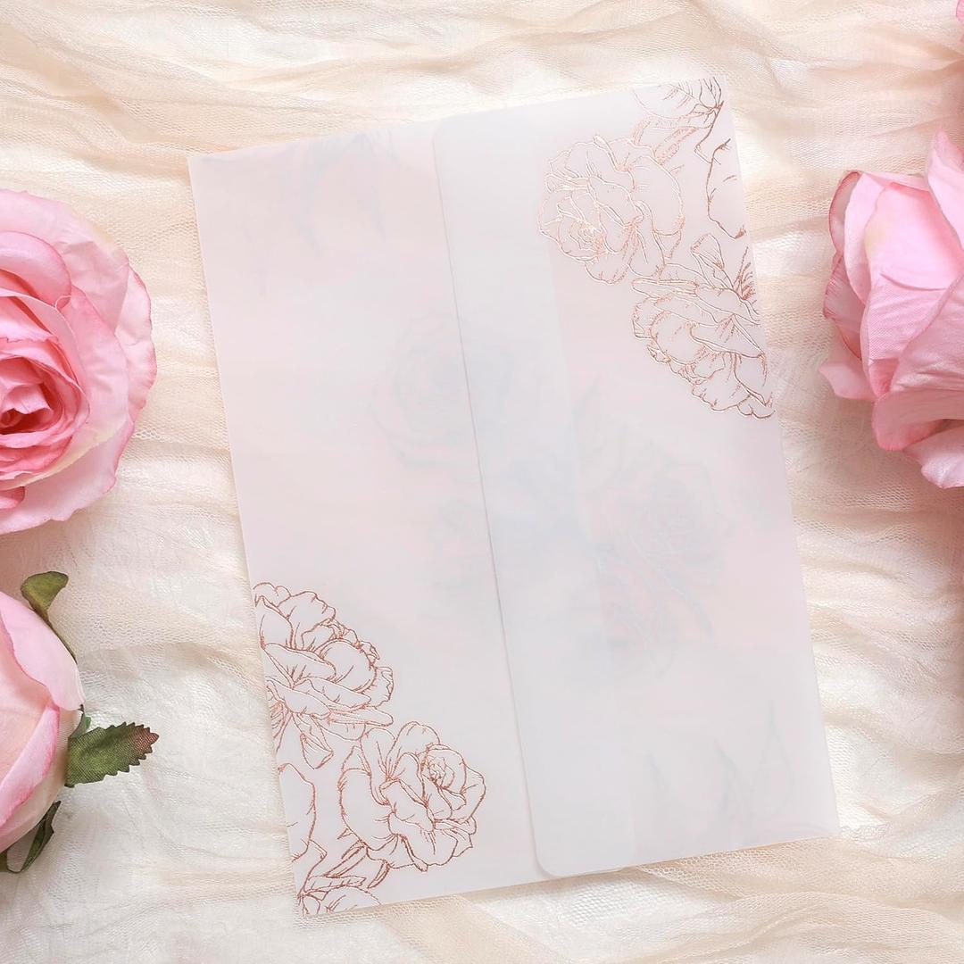 100 Pack Vellum Jackets for 5x7 Invitations - Pre-Folded Vellum Paper 5x7, 130GSM Translucent Wedding Invitations Wraps for Wedding, Birthday Invitation (Rose Gold Foil Rose Pattern)