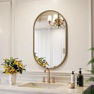 Rigidemand Champagne Bronze Bathroom Mirror, 20x33 Inch Vintage Gold Beaded Oval Mirrors, Antique Brass Decorative Mirror for Living Room, Bedroom, Entryway, Fireplace